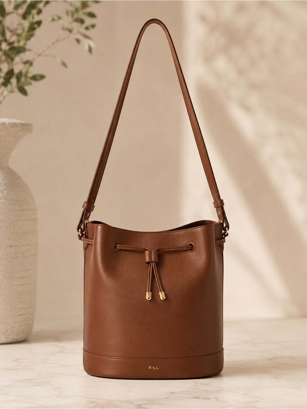 Ralph Lauren Chestnut Brown Leather Drawstring Bucket Shoulder Bag